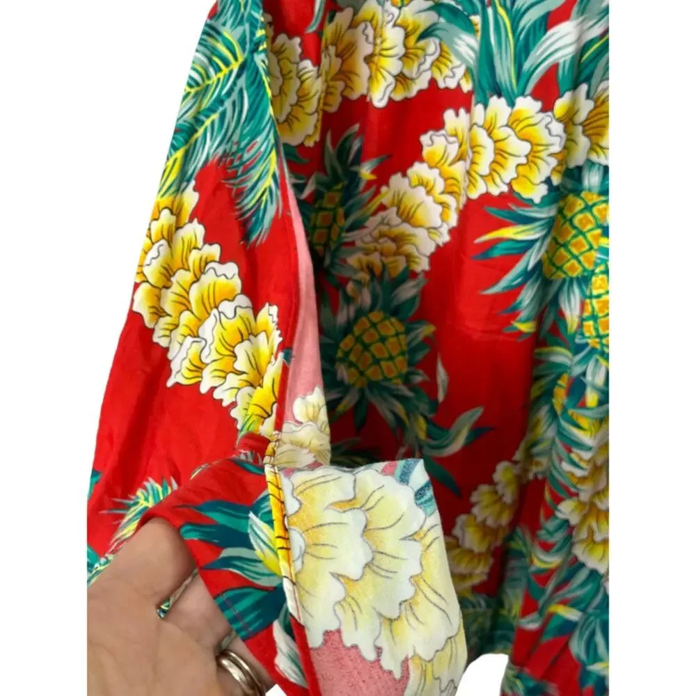 90's Hilo Hattie Auth Hawaiian Faux Wrap Sarong Dress Tropical Pineapple Medium